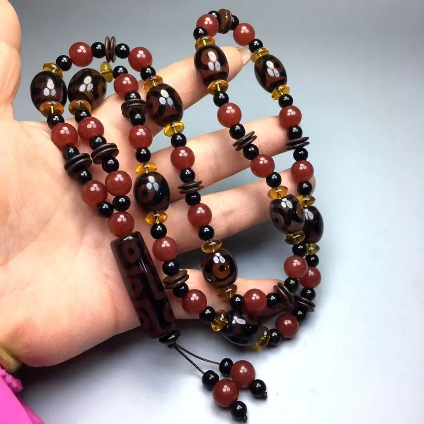 Admirable Tibetan Dzi Bead Pendant 9 Eyes Amulet Carnelian Agate Mala Hanging Necklace Magical Bless