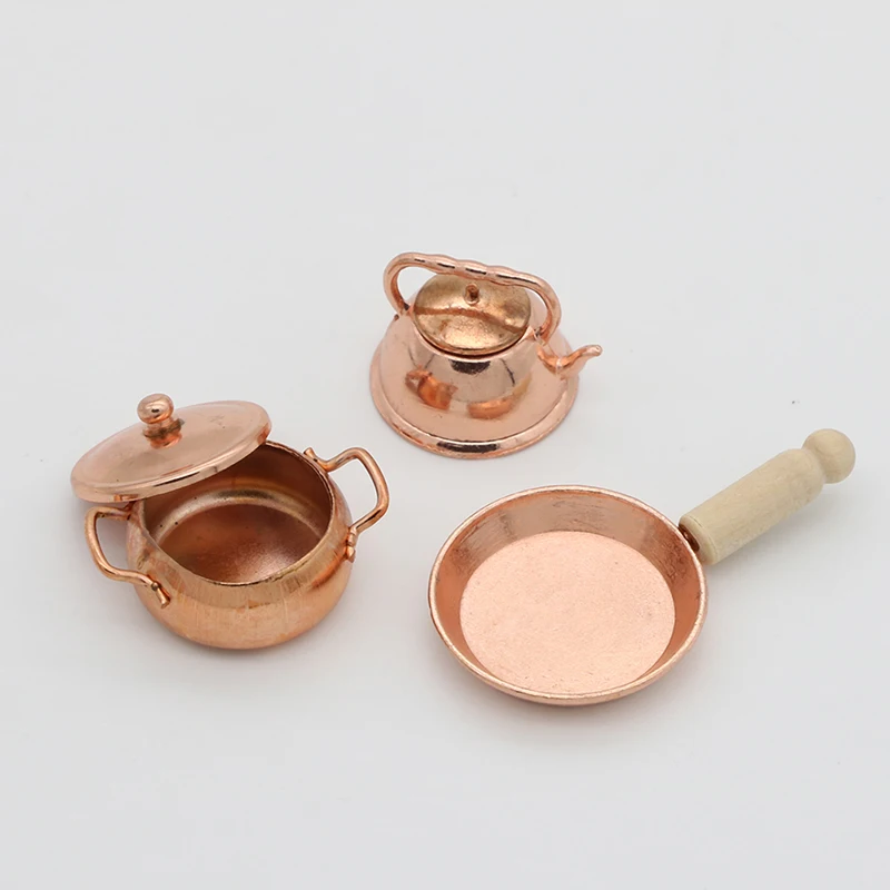 3pcs/Set Dollhouse Miniature Bronze Frying Pan Cooking Pot Kettle Cookware Kitchen Cooking Kit Dolls Accessories 1:12 Scale