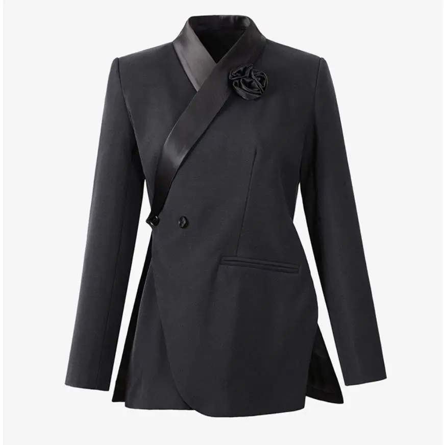 

European Three-dimensional handmade rose flower diagonal collar blazer female button side slit irregular dark black suit jacket