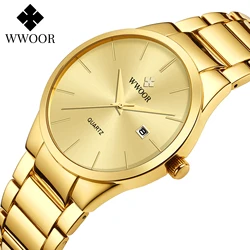 WWOOR nowy luksusowy zegarek marki mężczyźni złoty pełna stal modne zegarki wodoodporny data Wrist Watch Quartz mężczyzna zegar Relogio Masculino