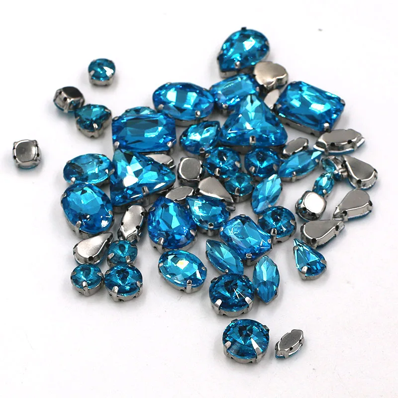 Sell at a loss! 50pcs/bag high quality mixed shape lake blue glass sew on claw rhinestones,diy clothing accessories SWM07