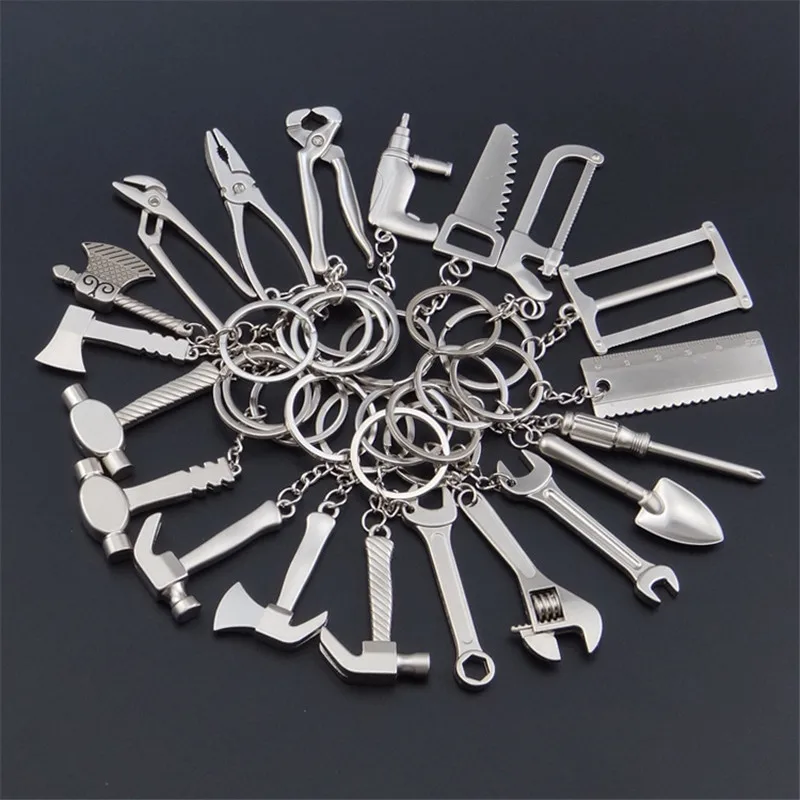 5pcs/Lot Tools Keychains Spanner,Hammer,Saw,Axe,Wrench,Electrodrill,Scissors Alloy Pendants with Chains useful Key chains