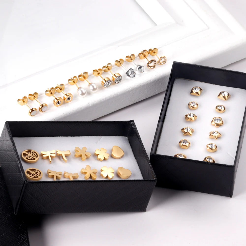 ASONSTEEL 6 Pairs/Box Vintage Stud Earrings Set for Women, Snowflake Piercing, Stainless Steel, Modern Gold Color, New Surgical