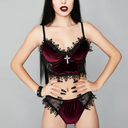 Ensemble de sous-vêtements sexy en velours pour femmes, caraco, corset, bustier, soutien-gorge mince, collants longs, culotte imbibée, 2024, 1300