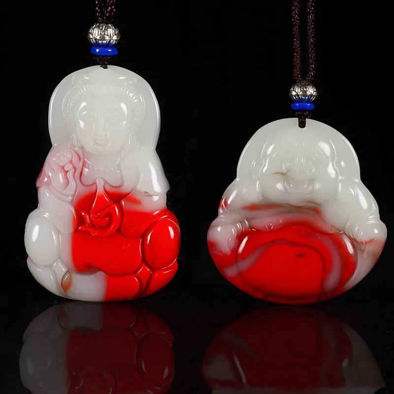 

Natural Xinjiang Gobi Chicken Blood Jade Floating Guanyin Buddha Pendant Male and Female Maitreya Laughing Buddha Necklace