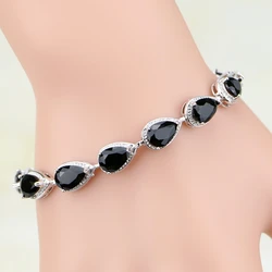 Black Cubic Zirconia 25 Sterling Silver Water Drop Link Chain Bracelet 7 inch Women Free Shipping & Jewelry Bag S084