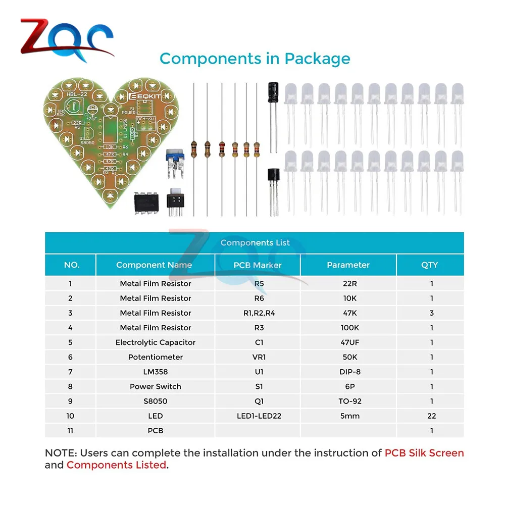 Heart Shape LED DIY Kit Heart Shape Lamp Kit DC 4V-6V Red White Blue Green Color for Soldering Kit Practice Learning Electronics