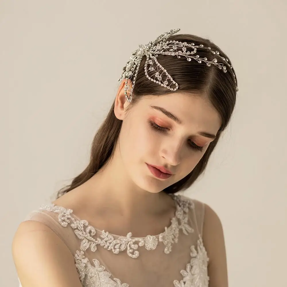 O529-Diadema elástica ajustable con diamantes de imitación de cristal, hecha a mano, accesorios para el cabello nupcial de boda con cuentas y flores cadenas