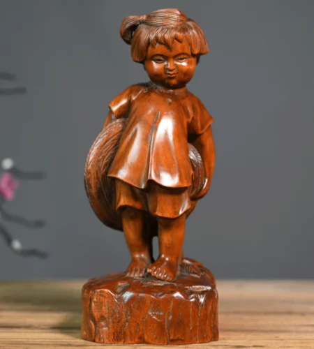 

GY028 - 19 x 8 x 6 CM Carved Boxwood Figurine Carving - Lovely Girl with Straw Hat Sculpture Home Decor