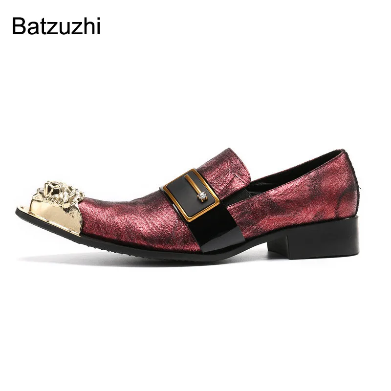 Batzuzhi New Handmade Men's Leather Dress Shoes Pointed Golden Metal Toe Fashion Business, Party and Wedding Shoes Men, Big Size