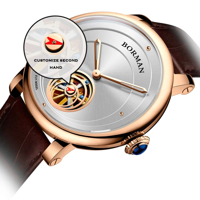 BORMAN Mens Automatic Watches Luxury Male Watch Fashion Mechanical Wristwatch Skeleton Dial Waterproof Sapphire Leather Strap