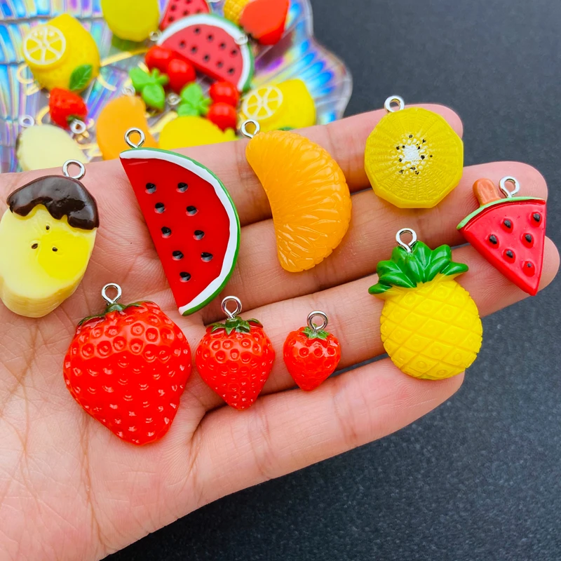 10pcs Resin Flatback Fruit Watermelon Charm Strawberry Pendant for Keychain Earring, Jewelry, Scrapbooking, DIY Making, Necklace