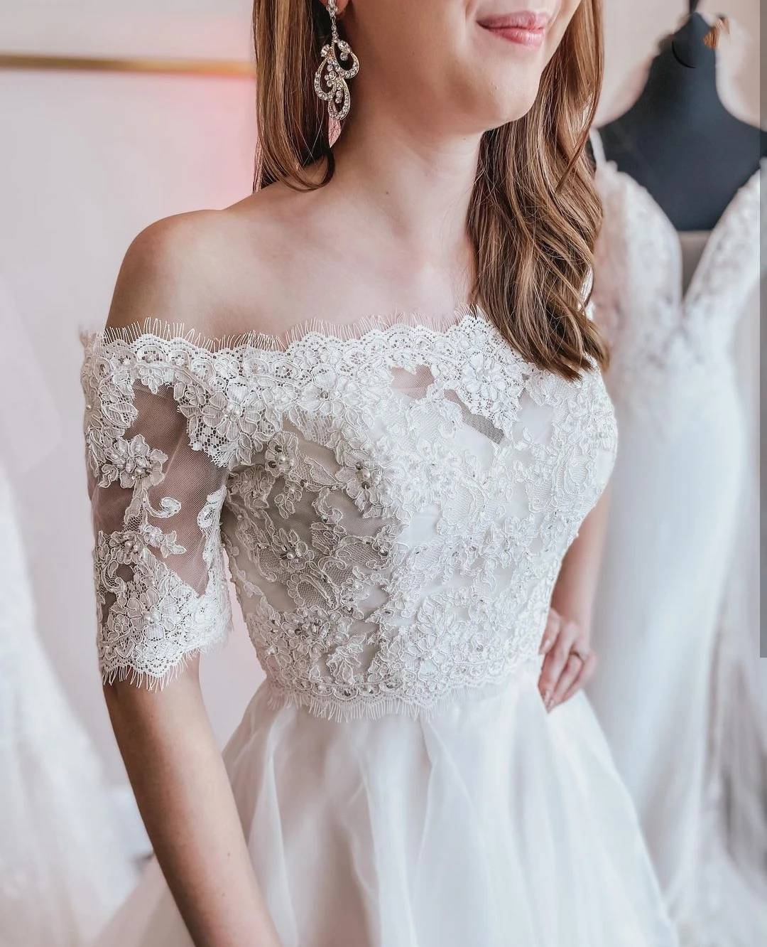 Lsyx Prinzessin Hochzeits kleid halbe Ärmel weiße Spitze Applikationen boden lang wunderschön für Braut Organza elegante Kristall perlen