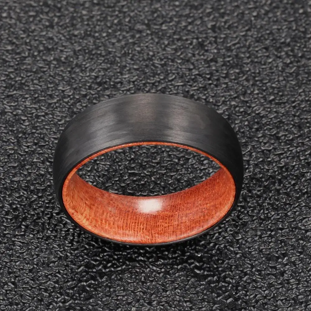 POYA 8 mm Black Carbon Fiber Ring for Men with Rosewood Liner Inside Comfort Fit