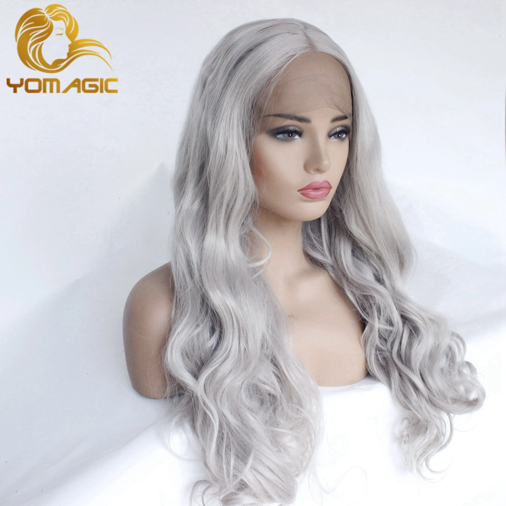 Yomagic Gray Synthetic Lace Front Wigs for Women Party Body Wave Heat Resistant Fiber Glueless Lace Wig with Baby Hair