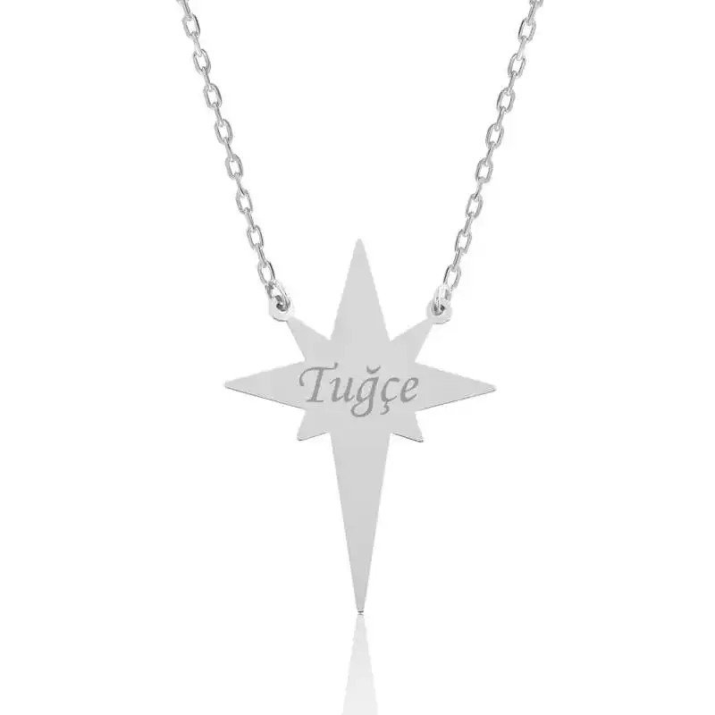 Silver Pole Star Is Lady Necklace 925 Sterling Women Fine Jewelry Wedding Party Birthday Gift - Box - for Stone - Pendant - Chain Choker - Female - Ladies - Fashion