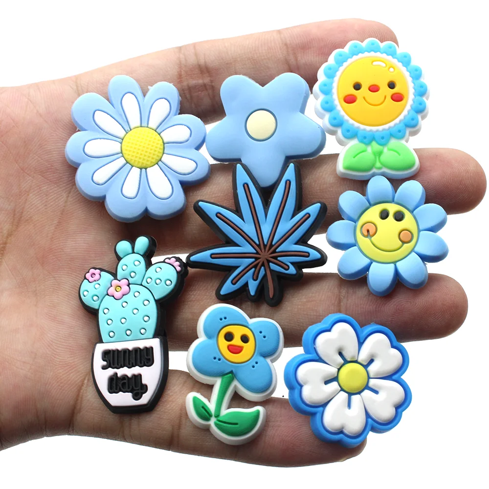 New 1pcs Blue style Shoe Charms Cartoon Sun flower Shoe Accessories Fit women Clogs PVC Decorations For Girls Kids X-mas Gifts