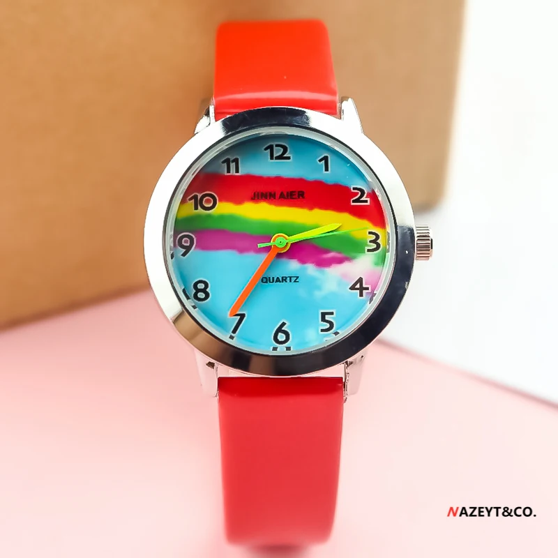 Little boys girls colorful PU leather watch children kids beauty rainbow dial easy learn time quartz Arabic no. gift clock