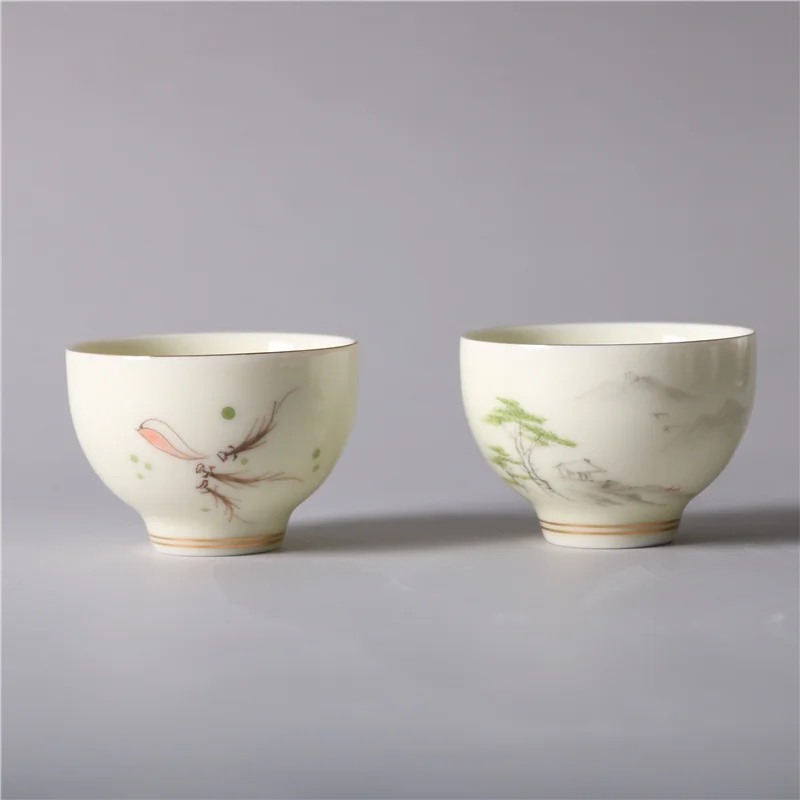 Hand-painted Landscape Fish Playing in the Water Frame, Gold Tea Cup, White Porcelain, Mutton, Jade Tea Cup, NO,YZ92