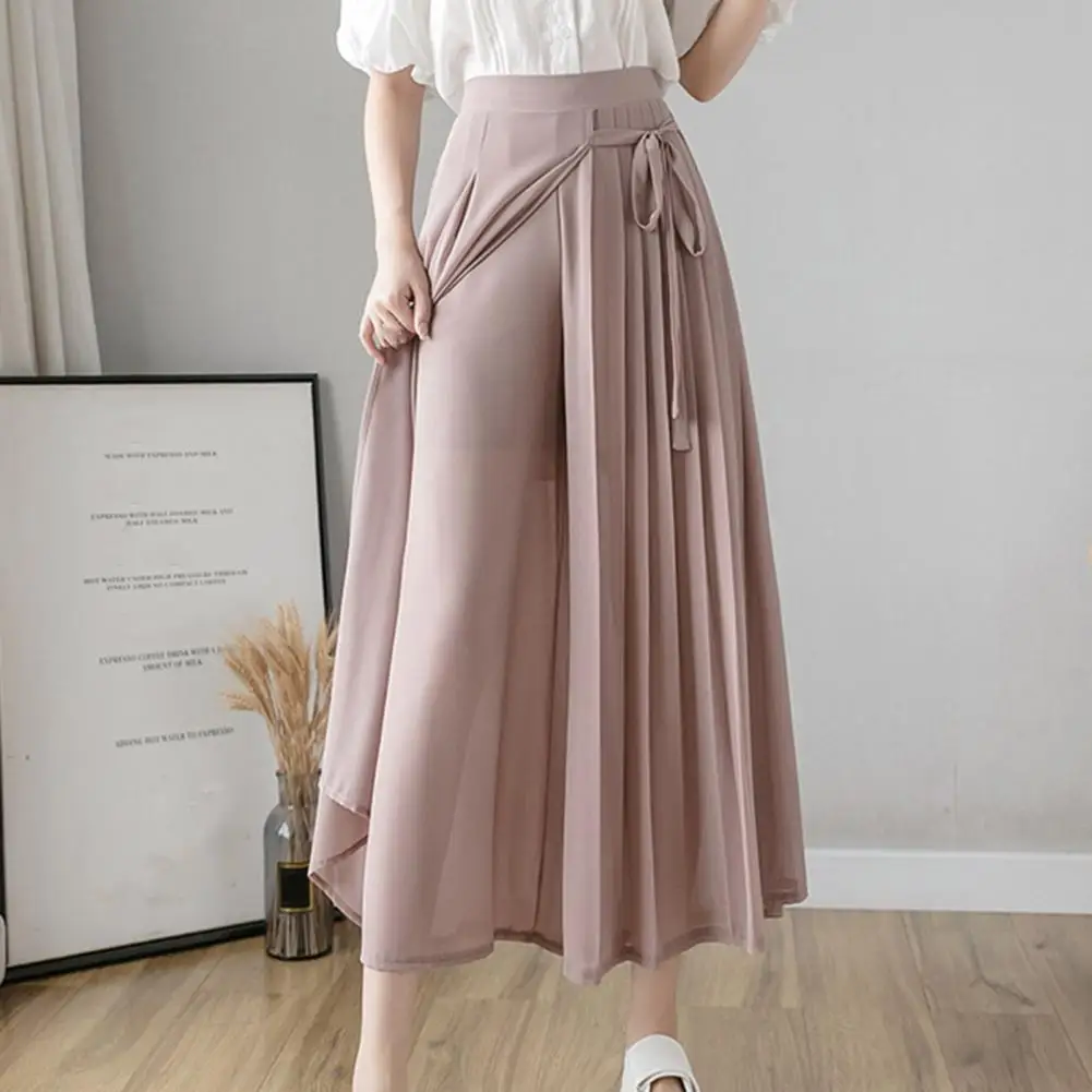 

2021 Spring Summer Solid Color Wide Leg Elastic High Waist Pleated Chiffon Trousers Large Size Casual Pants Woman Trousers