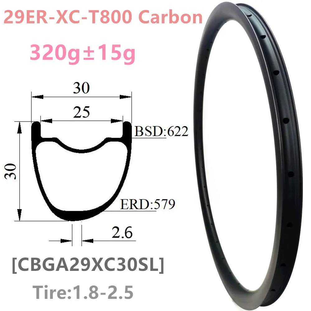 [CBA29XC-SL] Asymmetric 310g 30x25 30x30 33x25 35x25 36x25 29er Carbon rim mtb bike HooklessTubeless XC 29er carbon mtb rims