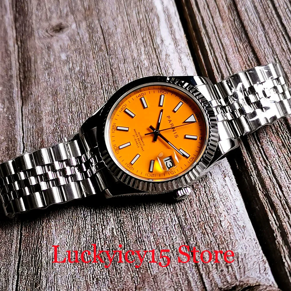 Parnis marca superior laranja dial relógio mecânico masculino jubileu pulseira de vidro safira data parafuso coroa 21 jóias miyota 8215