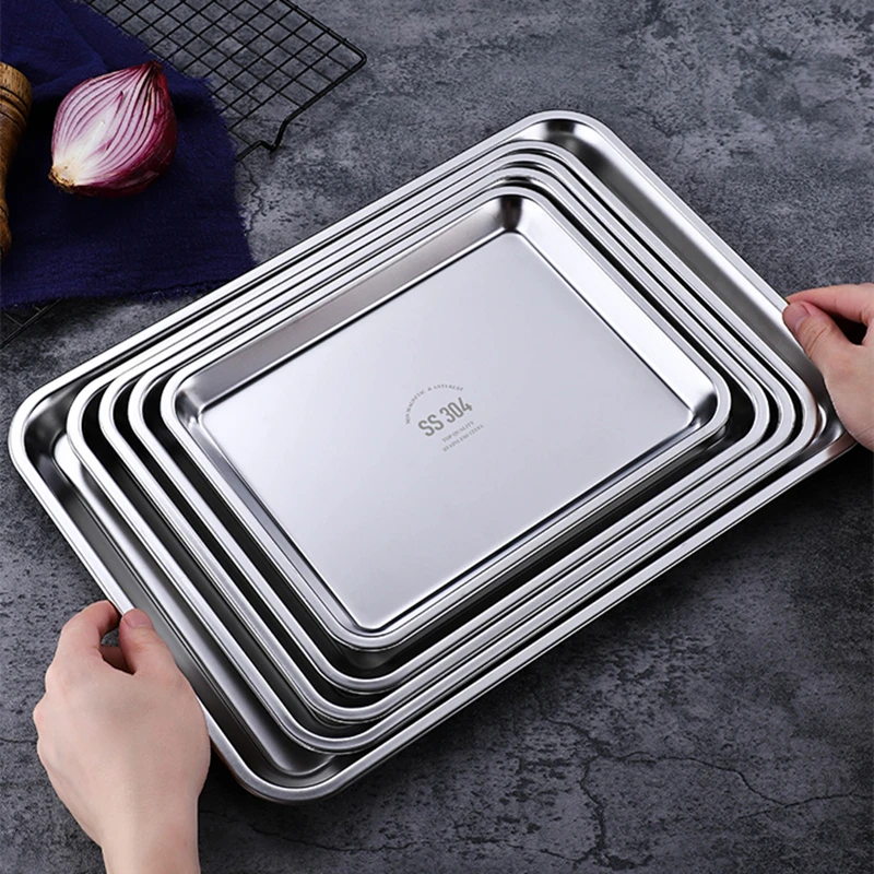 304 Thicked Stainless Steel Food Storage Tray Rectangle Oven Cake Bread Plate Flat Bottom Dishes Kitchen Tools