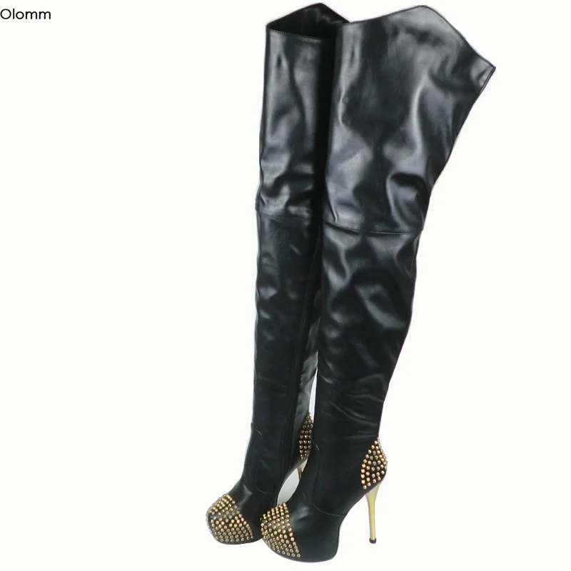 

Olomm Women Thigh High Boots Stiletto Heels Boots Sexy Stud Pointed Toe Gorgeous Black Night Club Shoes Women Plus US Size 5-15