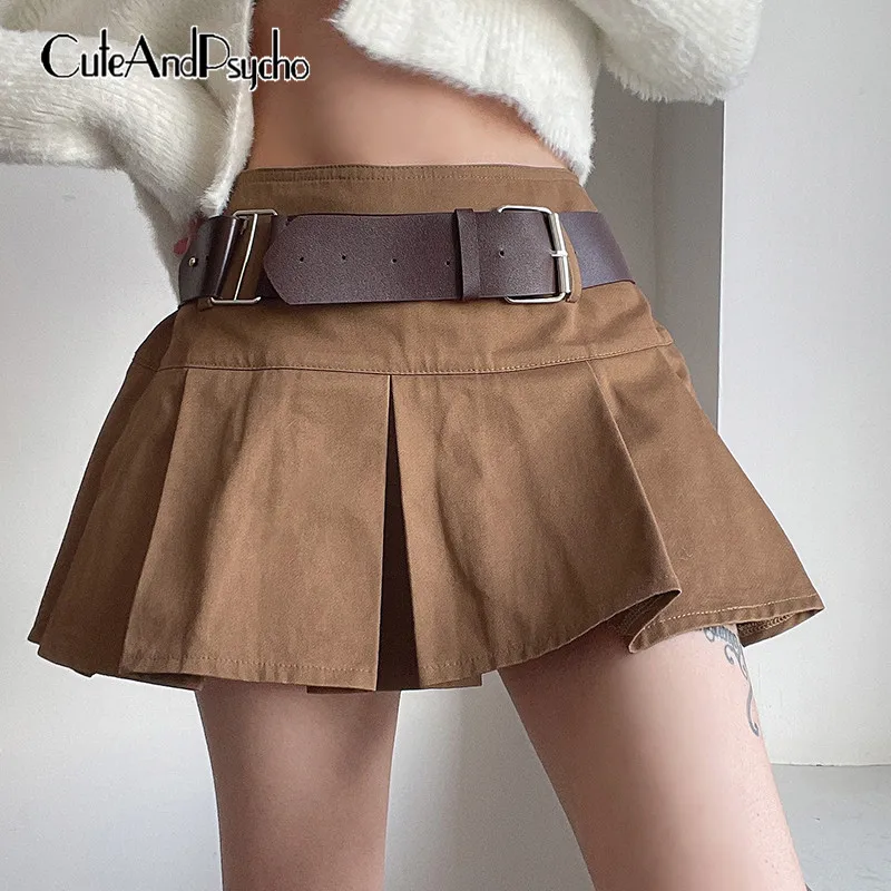 

Korean Vintage Pleated Mini Brown Skirts Women Harajuku Fahsion High Waisted 90s Skirts Belt Sexy Cotton Outfit Cuteandpscho