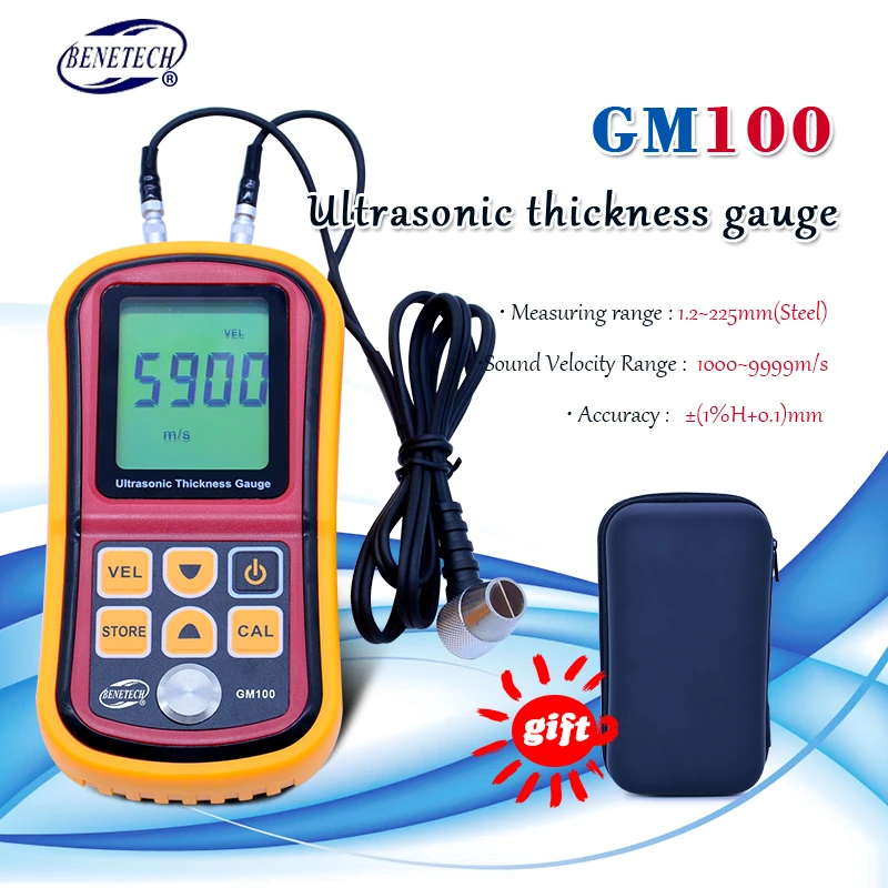 BENETECH Ultrasonic thickness gauge GM100 1.2-225mm(Steel) Digital LCD Ultrasonic Thickness Meter Tester Gauge 0.1mm Resolution