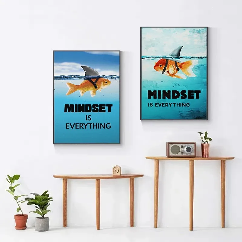 Nordic Blue Wall Art Poster Animal prints Picture Mindset Is Everything Motivational Shark Fish Canvas Painting for Home Decor