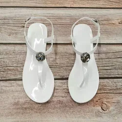 Women Summer Sandals Fashion Rhinestone Beach Shoes Flat with Transparent PVC Jelly Sandal White Black Woman Large Size 41 42