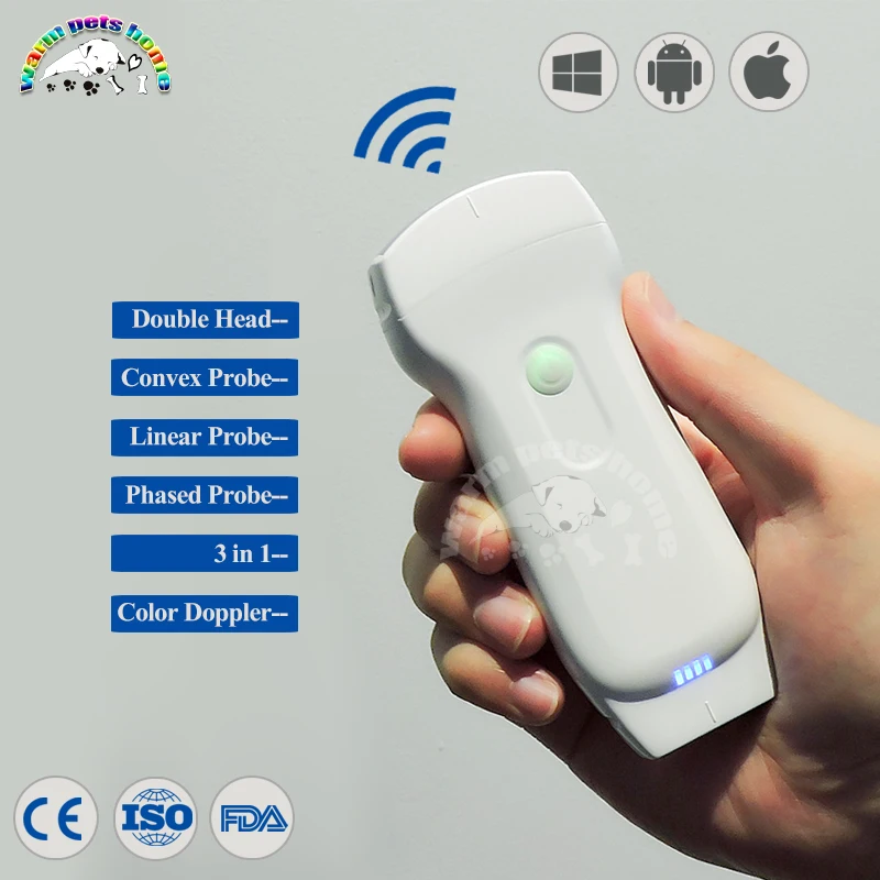 Color Doppler Wireless Probe 128 elements 3 in 1 Convex/Linear/Phased Probe Transducer Double Head