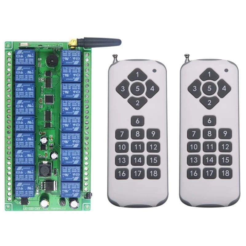 DC 12V 24V 18 CH 18CH RF Wireless Remote Control Switch System,2X Transmitter + Receiver,315/433.92MHZ,Jog Self-lock Inter-lock