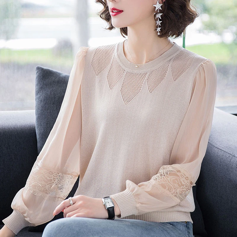 Women Autumn Knitted Sweater Ladies Sexy Lace Patchwork Long Sleeve Pullover Top Casual Winter Sweater Women Pink White 2021