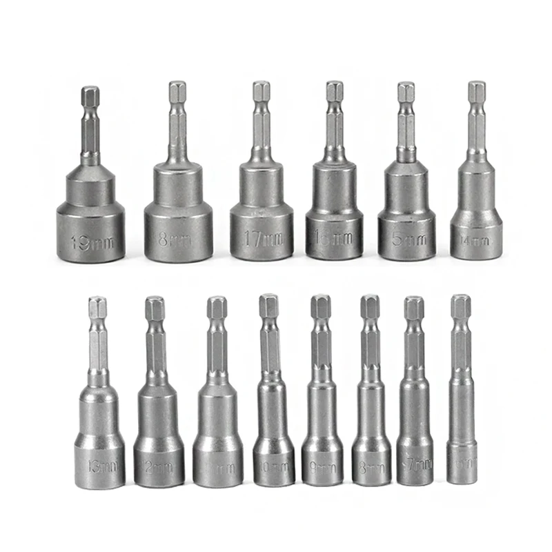 

14pcs Professional 1/4" Hex Magnetic Nut Driver Socket Adapter 6mm To 19mm For Power Tools Set Metric Impact Drill Bits