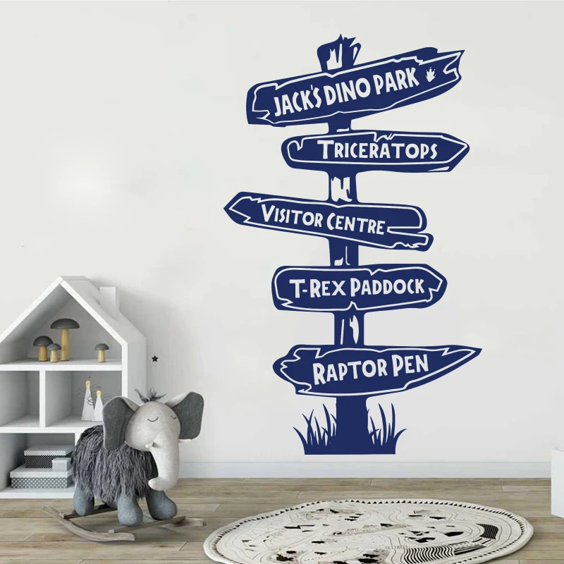 Custom Name Jurassic Dinosaur Signpost Wall Decal Boy Room Playroom Retro Dino Animal Road Sign Wall Sticker Kids Room