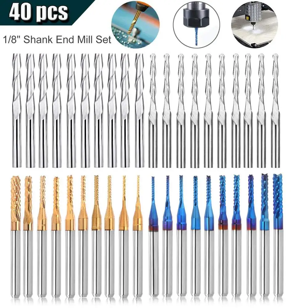 40 قطعة لقم مطحنة نهاية مجموعة 1/8 "عرقوب ، معطف أزرق نانو لقم توجيه CNC ، أداة قطع الطحن ، قاطع نقش CNC ، قواطع طحن