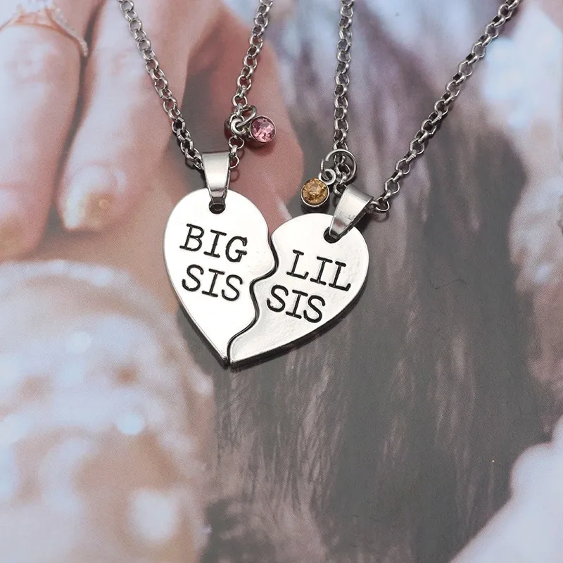 2 قطعة قلادة كبيرة SIS LIL SIS للنساء كريستال كورلور لغز القلب شقيقة القلائد المعلقات مجوهرات الأسرة الأخوات هدايا #2