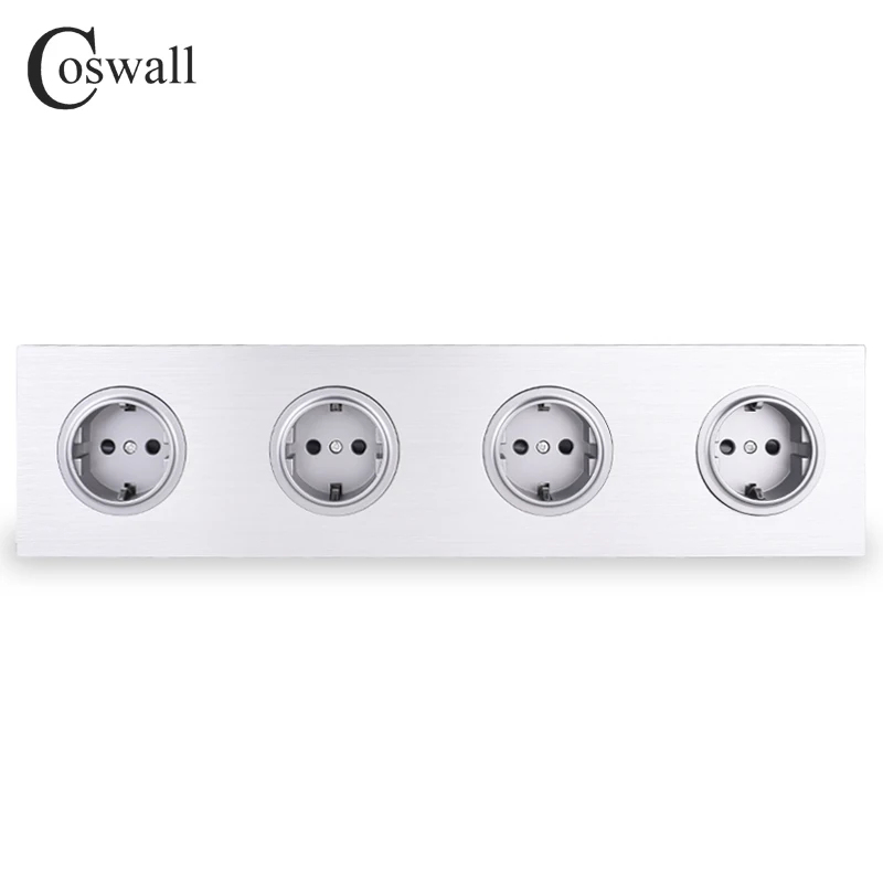 Coswall Black / Silver Grey Brushed Aluminum Metal Panel Quadruple EU Russia Wall Socket Grounded With Children Protective Door