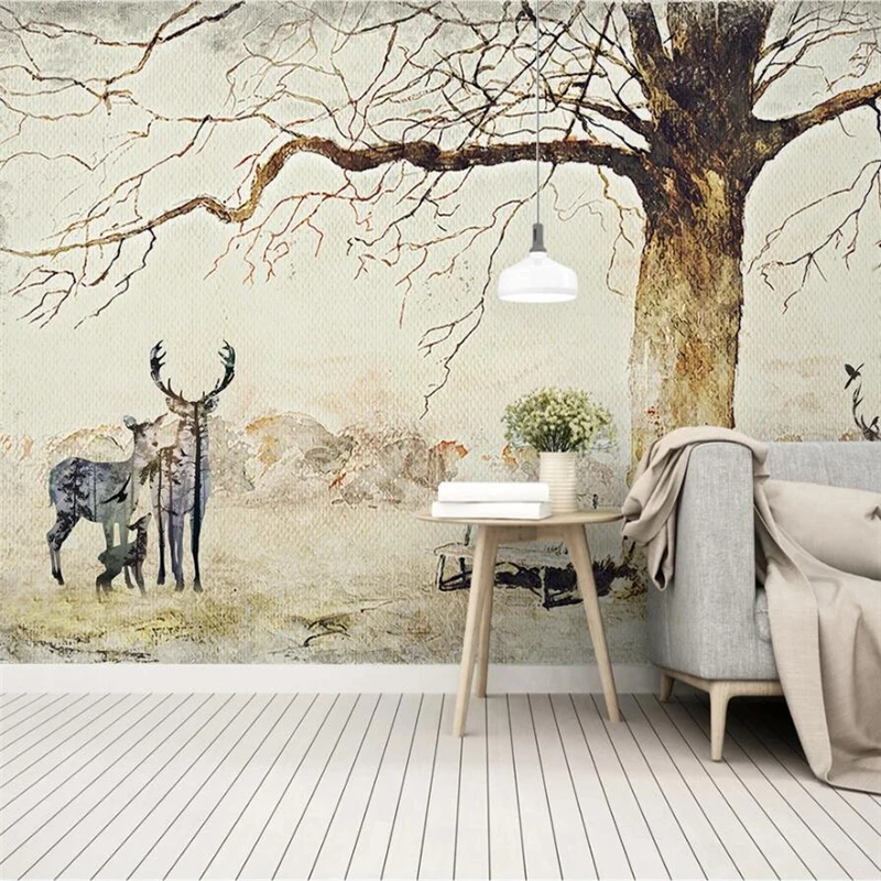 

wellyu Customized large murals fashion home improvement modern nostalgic elk big tree landscape background wall