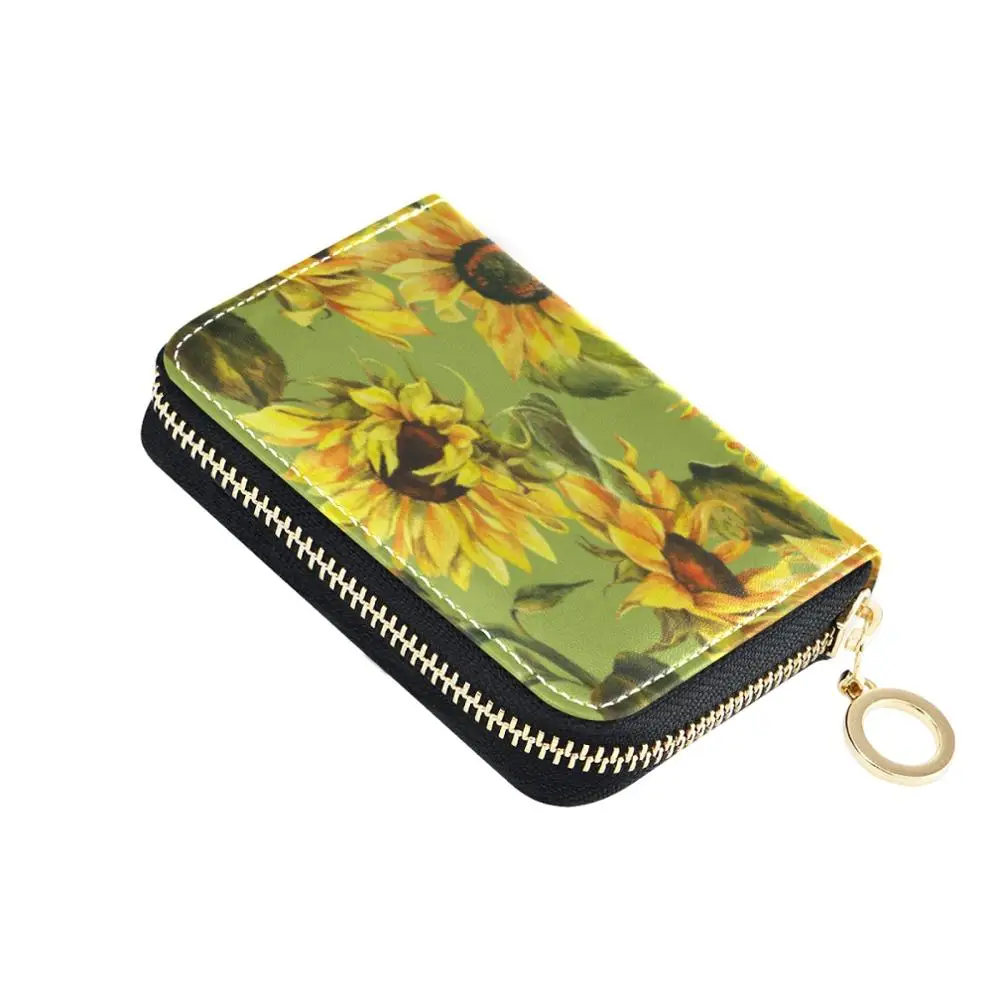 

2021 New Designer Brand Women ID Card Holder Sunflower Printing PU Leather Zipper Ladies Credit Card Case Wallet Large Capacity