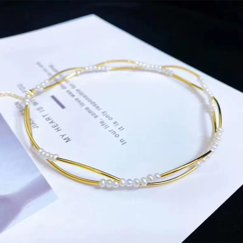 hot sell special design simple gold choker,tiny natural white genuine pearl beads high quality lady necklace with 3cm extension