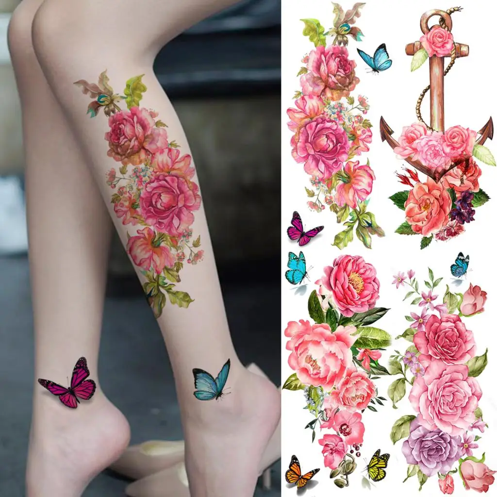 Watercolor Peony Flower Thigh Temporary Tattoos For Women Adult Girl Rose Anchor Butterfly Fake Tattoo Waterproof Body Art Tatoo