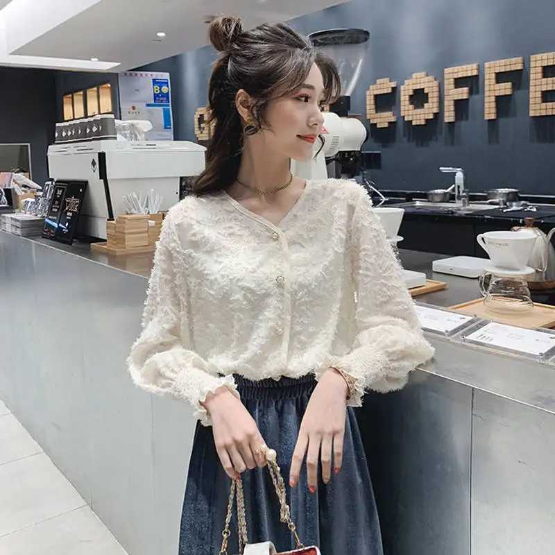 With Wrapped Chest 2024 Tassel Feather Shirt Chiffon Sleeve V-neck Blusas Ropa De Mujer