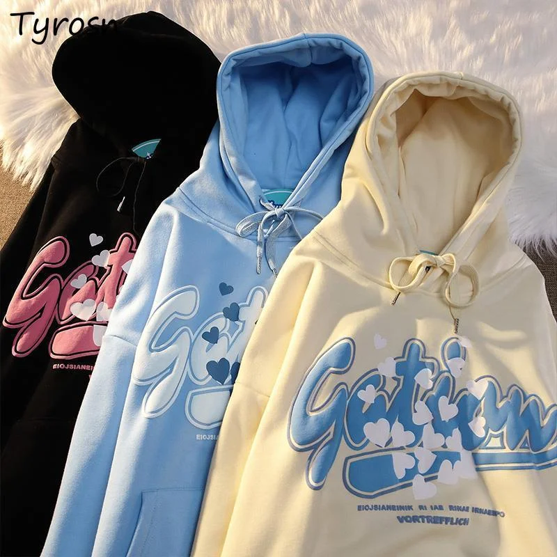 

With Hat Hoodies Women Sweet Design Front Pocket Letter Printing Sweatshirts Couples Warm Thicker Long Sleeve Outwear Streetwear