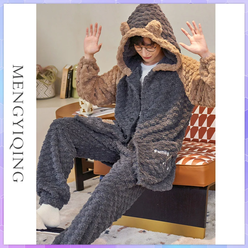 Winter Warm Flannel Pajamas For Men Sets Cartoon Monster Pajama Thick Male Coral Fleece Sleep Lounge Home Clothing Sleepwear