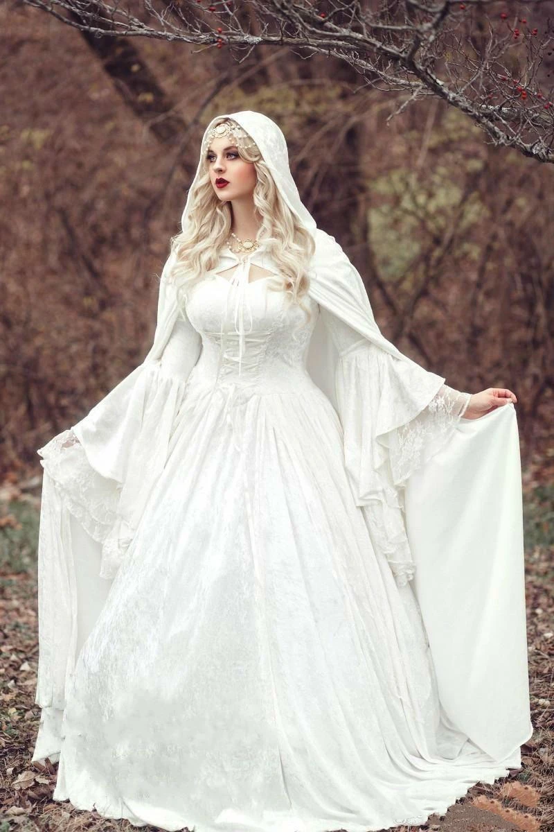 Vestido de novia de encaje gótico renacentista con capa, talla grande, campana Vintage, manga larga, princesa Medieval celta, vestidos de novia de línea a