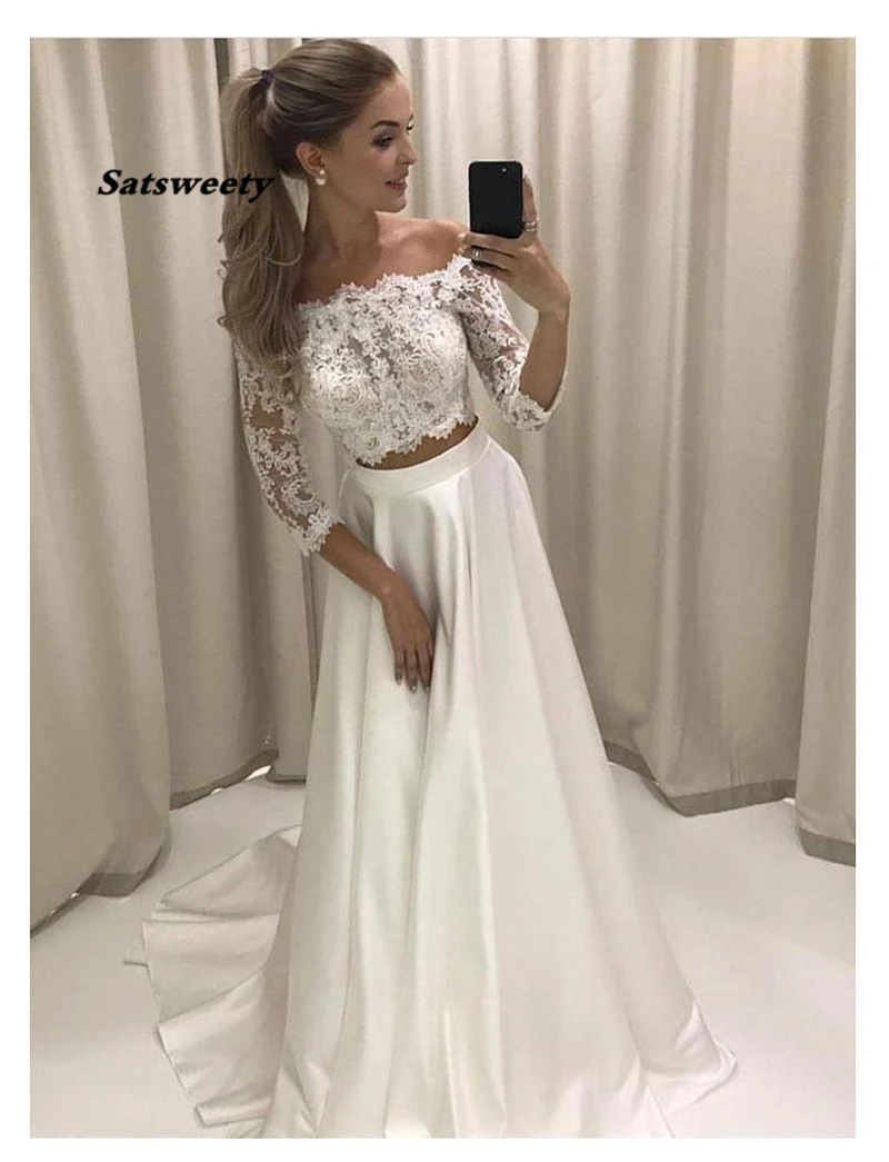 Ivory Boho Wedding Dresses Lace 3/4 Sleeves Chiffon Simple Princess Bride Dress 2 Sets Pieces Wedding Gown