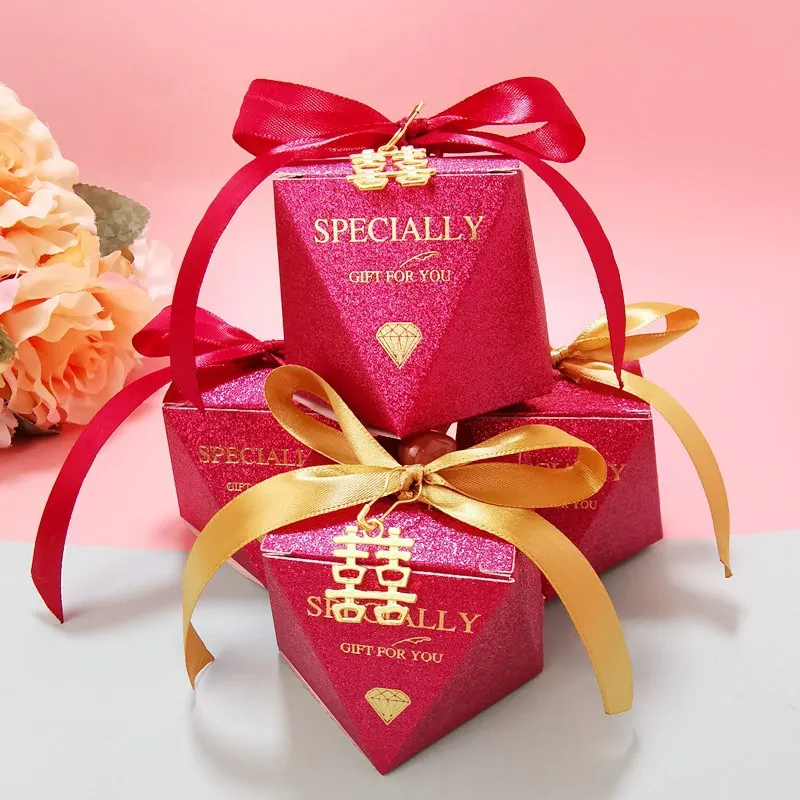 

New Creative Burgundy Diamond Gift Bag Box for Party Baby Shower Paper Chocolate Boxes Package Wedding Favours candy Boxes